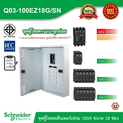 Schneider Electric ชุดตู้โหลดเซ็นเตอร์สแควร์ดีเฟรม 100A ขนาด 18 ช่อง + เมนเบรกเกอร์ 100A, 30kA + ลูกย่อย ขนาด 32A/20A/16A