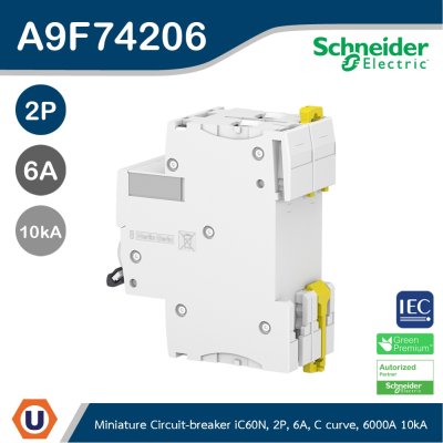 Schneider Electric Miniature circuit-breaker, Acti9 iC60N 6kA@400VAC, 2Pole, 6A | A9F74206