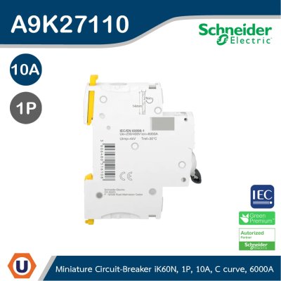 Schneider Electric Miniature circuit-breaker, Acti9 iK60N, 1P, 10 A, C curve, 6000 A (IEC 60898-1) I A9K27110