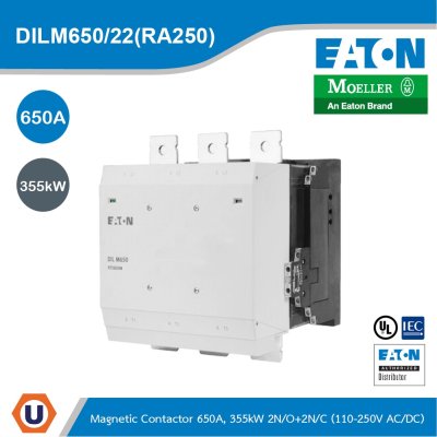 EATON Contactor,380 V 400 V 355 kW,2 N/O, 2 N/C,RA 250:110 - 250 V 40- 60 Hz Operation,Screw Connection | DILM650/22(RA250)