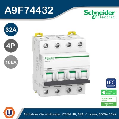 Schneider Electric Miniature Circuit-Breaker, Acti9 iC60N, 4P, 32A | A9F74432