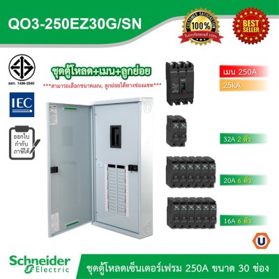 Schneider Electric ชุดตู้โหลดเซ็นเตอร์สแควร์ดีเฟรม 250A ขนาด 30 ช่อง + เมนเบรกเกอร์ 250A, 25kA + ลูกย่อย ขนาด 32A/20A/16A