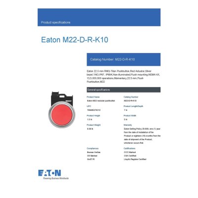 EATON Pushbutton, Red Actuator, Silver Bezel, 1No, Ip67, Ip69K, Non-Illuminated l M22-D-R/K10