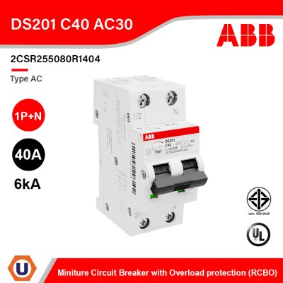 ABB Miniature Circuit Breaker with Overload protection (RCBO) Type AC 1P+N 40A 6kA 30mA 240V