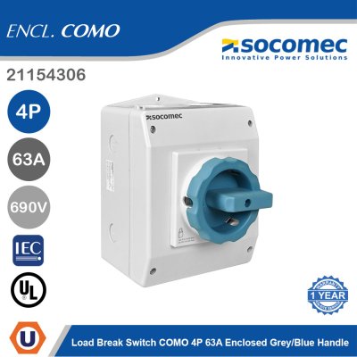 Socomec Load Break Switch COMO 4P 63A Enclosed Grey/Blue Handle | 21154306