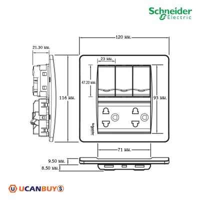 Schneider Electric ชุดสวิตช์ทางเดียวขนาด 1 ช่อง3 ตัวพร้อมพรายน้ำ + เต้ารับคู่ 3 ขา พร้อมฝาครอบขนาด 6 ช่อง | Concept