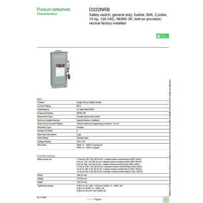 Schneider Electric Safety Switch 60A 1เฟส 240VAC เซฟตี้สวิตช์ แบบติดตั้งฟิวส์ได้ ใช้ภายนอกอาคาร | D222NRB