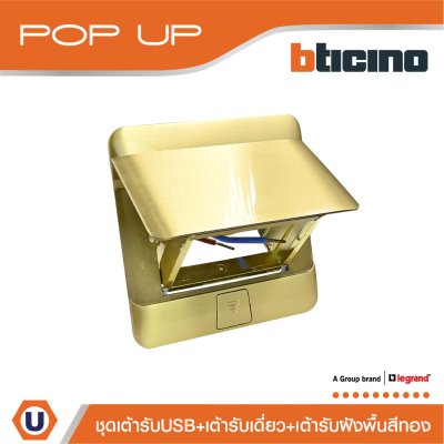 BTicino ชุดเต้ารับเดี่ยว 3ขา มีม่านนิรภัย + เต้ารับUSB + เต้ารับฝังพื้นสีทอง รุ่น Matix