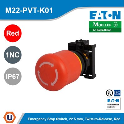 Eaton M22 Twist-To-Release Emergency Stop, Complete Device, Knob, Maintained, Bezel Silver, Red, 1NC, IP67 l M22-PVT-K01