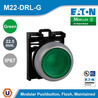 EATON M22 Modular Pushbutton 22.5mm. Flush Maintained Illuminated IP67 | M22-DRL-G