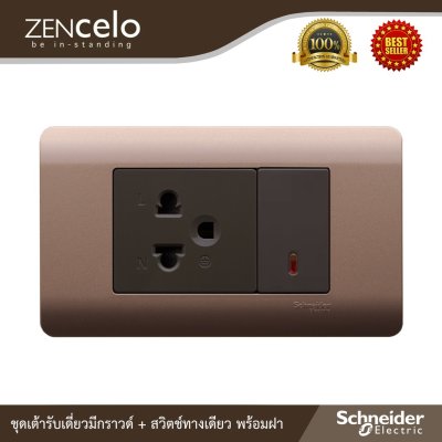 Schneider ชุดปลั๊กเดี่ยวมีกราวด์ + สวิตช์ทางเดียวพร้อมฝาครอบสีน้ำตาล | ZENcelo