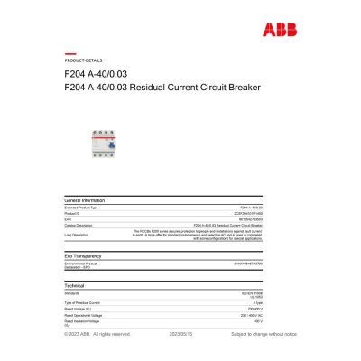 ABB F204 A-40/0.03 Residual Current Circuit Breaker (RCCB) 4P, TypeA, 30mA, 40A รุ่น F200 l 2CSF204101R1400