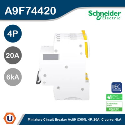 Schneider Electric Miniature circuit breaker (MCB), Acti9 iC60H 4P, 20A, C curve, 6000A, 10kA | A9F74420