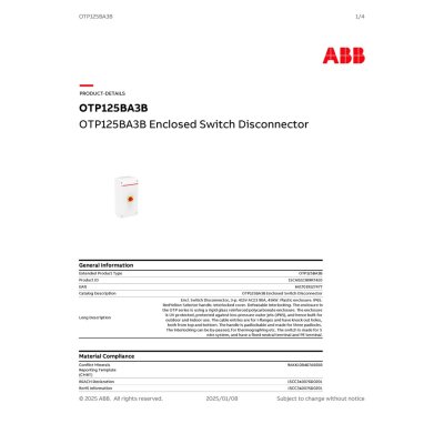 ABB Enclosed Switch Disconnector 3P 415V AC23 90A 45kW IP65 | OTP125BA3B | 1SCA022389R7420