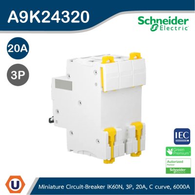 Schneider Electric Miniature Circuit-Breaker, Acti9 iK60N, 3P, 20 A, C Curve, 6000 A (IEC 60898-1) I A9K24320