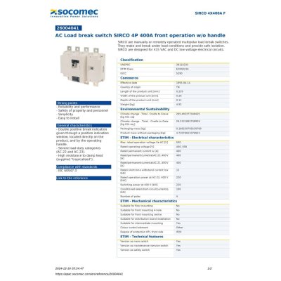 Socomec AC Load Break Switch SIRCO 4P 400A Front Operation w/o Handle | 26004041