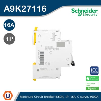 Schneider Electric Miniature Circuit-Breaker, Acti9 iK60N, 1P, 16 A, C Curve, 6000 A (IEC 60898-1) I A9K27116