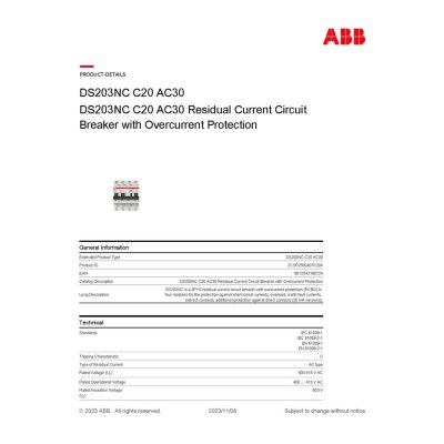 ABB อุปกรณ์ป้องกันไฟรั่วไฟดูด (RCBO) และกระแสไฟเกิน, 3P+N, 30mA, 20A รุ่น DS203NC C20 AC30 l 2CSR256040R1204
