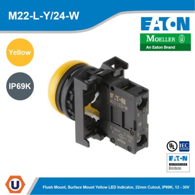 EATON RMQ Titan M22, Flush Mount, Rear, Surface Mount Yellow LED Indicator, 22mm Cutout, IP69K, Round, 12 - 30V