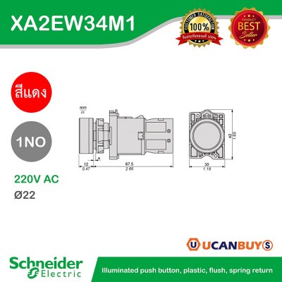 Schneider Electric ปุ่มกดแบบมีไฟสำเร็จพลาสติกแบบราบ สีแดง 22มม. เด้งกลับ 220V AC 1NO | XA2AW34M1