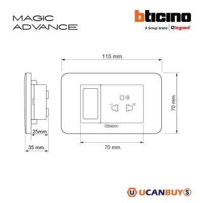 BTicino ชุดสวิตช์สองทาง + เต้ารับเดี่ยว 3ขา มีม่านนิรภัย สีขาว รุ่น Magic Advanc