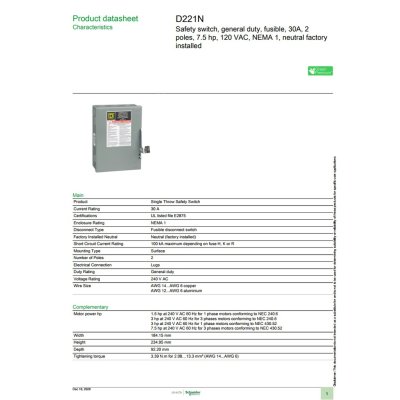 Schneider Electric Safety Switch 30A 1 เฟส 240VAC เซฟตี้สวิตช์ แบบติดตั้งฟิวส์ได้ ใช้ภายในอาคาร | D221N