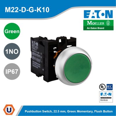Eaton M22 modular pushbutton, 22.5 mm RMQ-Titan Pushbutton,Green Actuator, l M22-D-G-K10