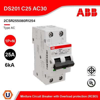 ABB DS201 C25 AC30 Miniature Circuit Breaker with Overload protection (RCBO) Type AC, 1P+N, 25A, 6kA, 30mA, 240V