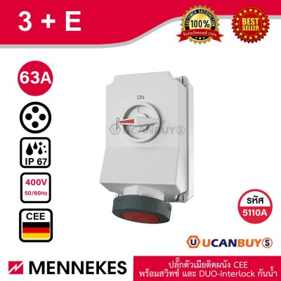 MENNEKES 5110A ปลั๊กตัวเมียติดผนัง พร้อมสวิทว์และ DUO-Interlock (3P+E) 63A 400V IP67