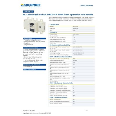 Socomec AC Load Break Switch SIRCO 4P 250A Front Operation w/o Handle | 26004026