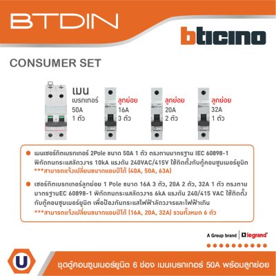BTicino ชุดตู้คอนซูมเมอร์ยูนิต BTDIN 6 ช่อง (แบบเกาะราง) พร้อมเมนเบรกเกอร์ 2P 50A + เบรกเกอร์ลูกย่อย