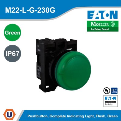 Eaton M22 modular pushbutton, Green Indicating Light, Flush, IP67, IP69K, NEMA l M22-L-G-230G