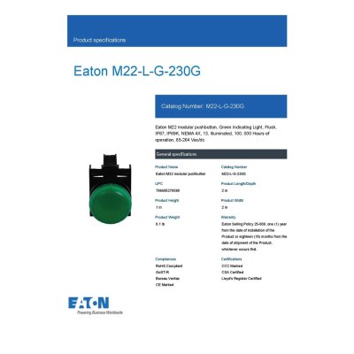 Eaton M22 modular pushbutton, Green Indicating Light, Flush, IP67, IP69K, NEMA l M22-L-G-230G