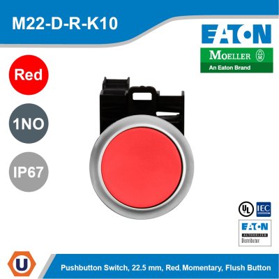 EATON Pushbutton, Red Actuator, Silver Bezel, 1No, Ip67, Ip69K, Non-Illuminated l M22-D-R/K10