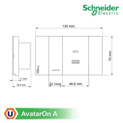 Schneider Electric ชุดสวิตช์ทางเดียว 1ช่อง+เต้ารับ USB Type C+A พร้อมฝาครอบ สีดำ | AvatarOn A