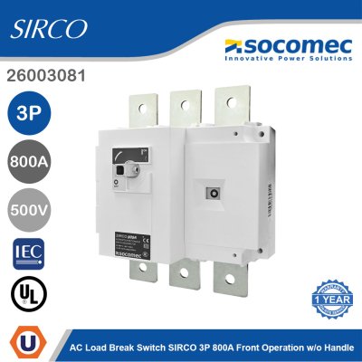 Socomec AC Load Break Switch SIRCO 3P 800A Front Operation w/o Handle | 26003081