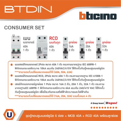 BTicino ชุดตู้คอนซูมเมอร์ยูนิต BTDIN 6ช่อง (แบบเกาะราง)+MCB 2P 40A+RCD 2P 40A