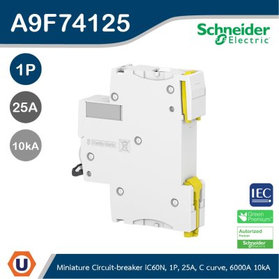 Schneider Electric Miniature circuit-breaker Acti9 iC60N 6kA@400VAC, 1Pole, 25A | A9F74125