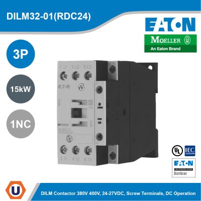 EATON Contactor 3P 380V 400V 15kW 1NC 24-27VDC DC Operation Screw Terminals | DILM32-01(RDC24)