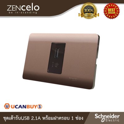 Schneider ชุดเต้ารับ USB 2.1A + ฝาครอบ 1ช่อง สีน้ำตาล | Zencelo