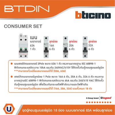 BTicino ชุดตู้คอนซูมเมอร์ยูนิต BTDIN 18 ช่อง (แบบเกาะราง) พร้อมเมนเบรกเกอร์ 2P 63A + เบรกเกอร์ลูกย่อย