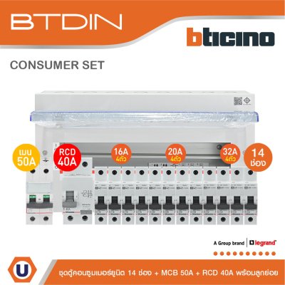 BTicino ชุดตู้คอนซูมเมอร์ยูนิต BTDIN 14ช่อง (แบบเกาะราง)+MCB 2P 50A+RCD 2P 40A