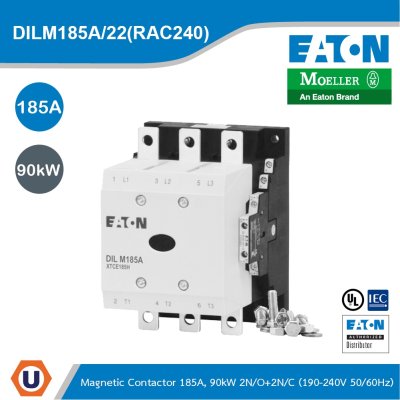 EATON Contactor,380V 400V 90 kW,2 N/0,2 N/C,RAC 240:190 - 240V 50/60 Hz,AC Operation,Screw Connection | DILM185A/22(RAC240)