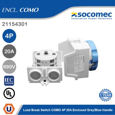 Socomec Load Break Switch COMO 4P 20A Enclosed Grey/Blue Handle | 21154301