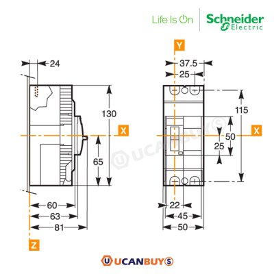 Schneider Electric EZC เซอร์กิตเบรกเกอร์สวิตช์ตัดตอนอัตโนมัติ (MCCB) 80A ชนิด 2 โพล ขนาดเฟรม 100A (30kA) I EZC100H2080T