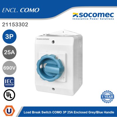Socomec Load Break Switch COMO 3P 25A Enclosed Grey/Blue Handle | 21153302