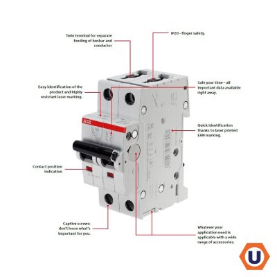 ABB S202M-C63 เมนเซอร์กิตเบรกเกอร์ 63 แอมป์ 2 โพล 10 kA  ป้องกันการใช้กระแสไฟเกินกำหนด
