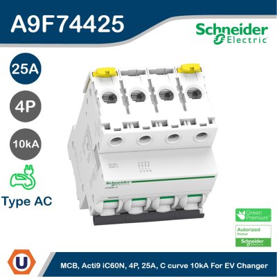 Schneider Electric เบรกเกอร์ MCB, Acti9 iC60N, 4P, 25 A, C curve, 10 kA รหัส A9F74425
