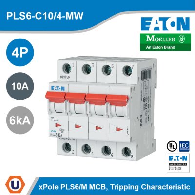 EATON ลูกย่อยเซอร์กิตเบรกเกอร์ขนาดเล็ก (MCB) 4P 10A 6kA รหัส PLS6-C10/4