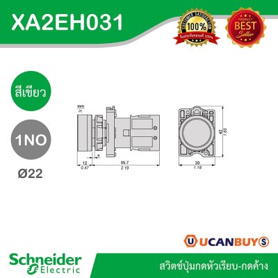 Schneider Electric สวิตช์ปุ่มกดหัวเรียบ กดค้าง ขนาด 22 mm. สีเขียว 1NO | XA2AH031